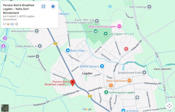 Zentrale Lage Anfahrtskarte und Lage der Pension - Gästehaus Legden im Münsterland.