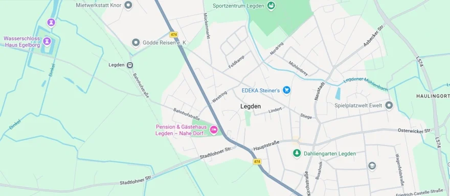 Anfahrt und Standort der Pension & Gästehaus in Legden Google Maps Kartenausschnitt von Legden mit einer roten Standort-Markierung für die Pension & Gästehaus in der Straße Am Friedhof.